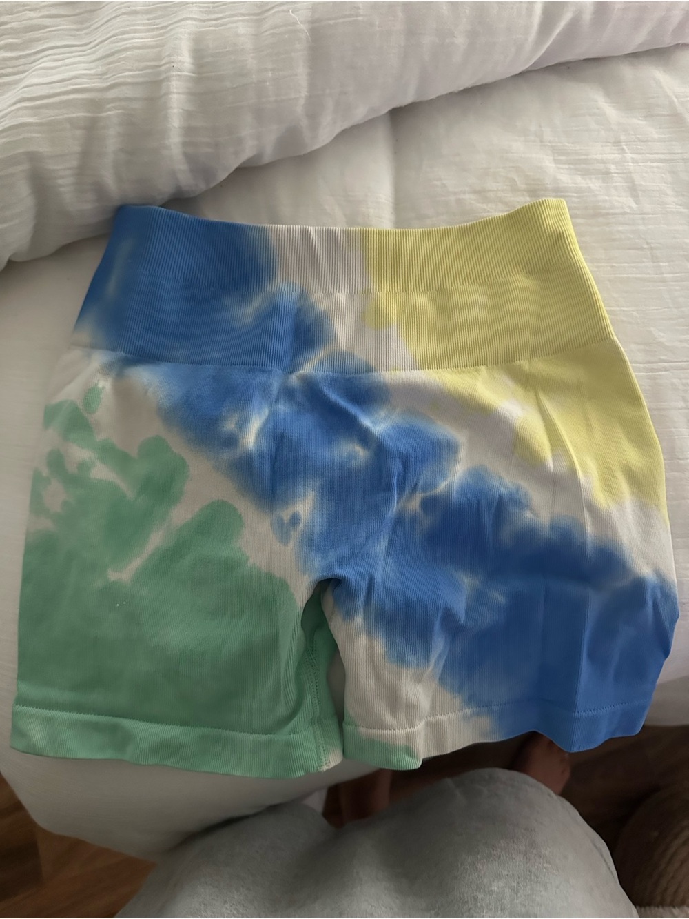 High-Waist Tie-Dye Athletic Shorts in Blue, Green & Yellow